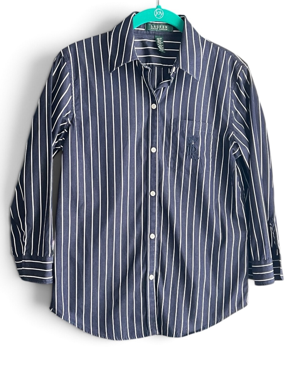 Lauren Ralph Lauren Navy and White Stripe 3/4 Sleeve Cotton Shirt, Size XS
